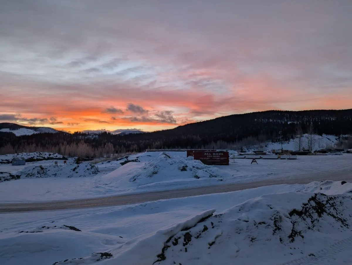 Winter drill site at dawn in the Cariboo