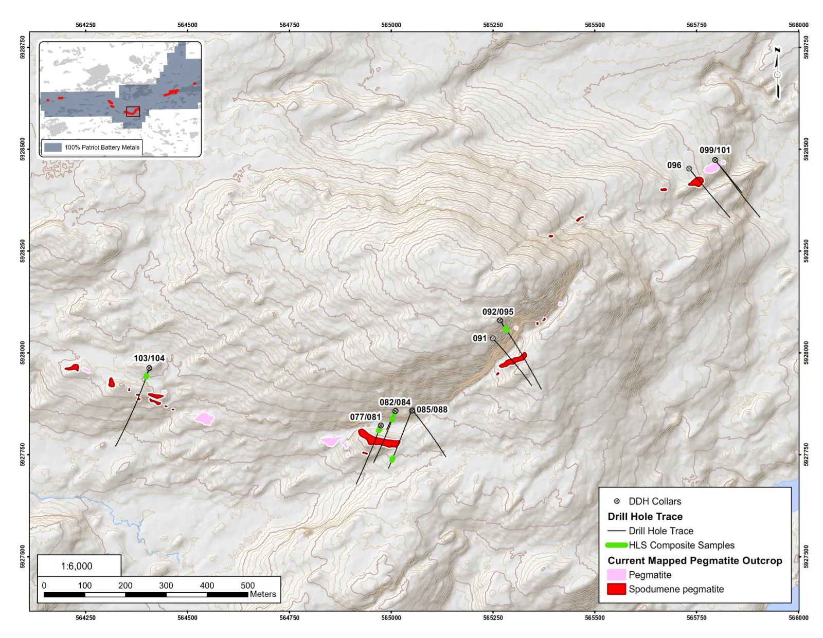 Map of drill holes and mapped pegmatite outcrop at CV13