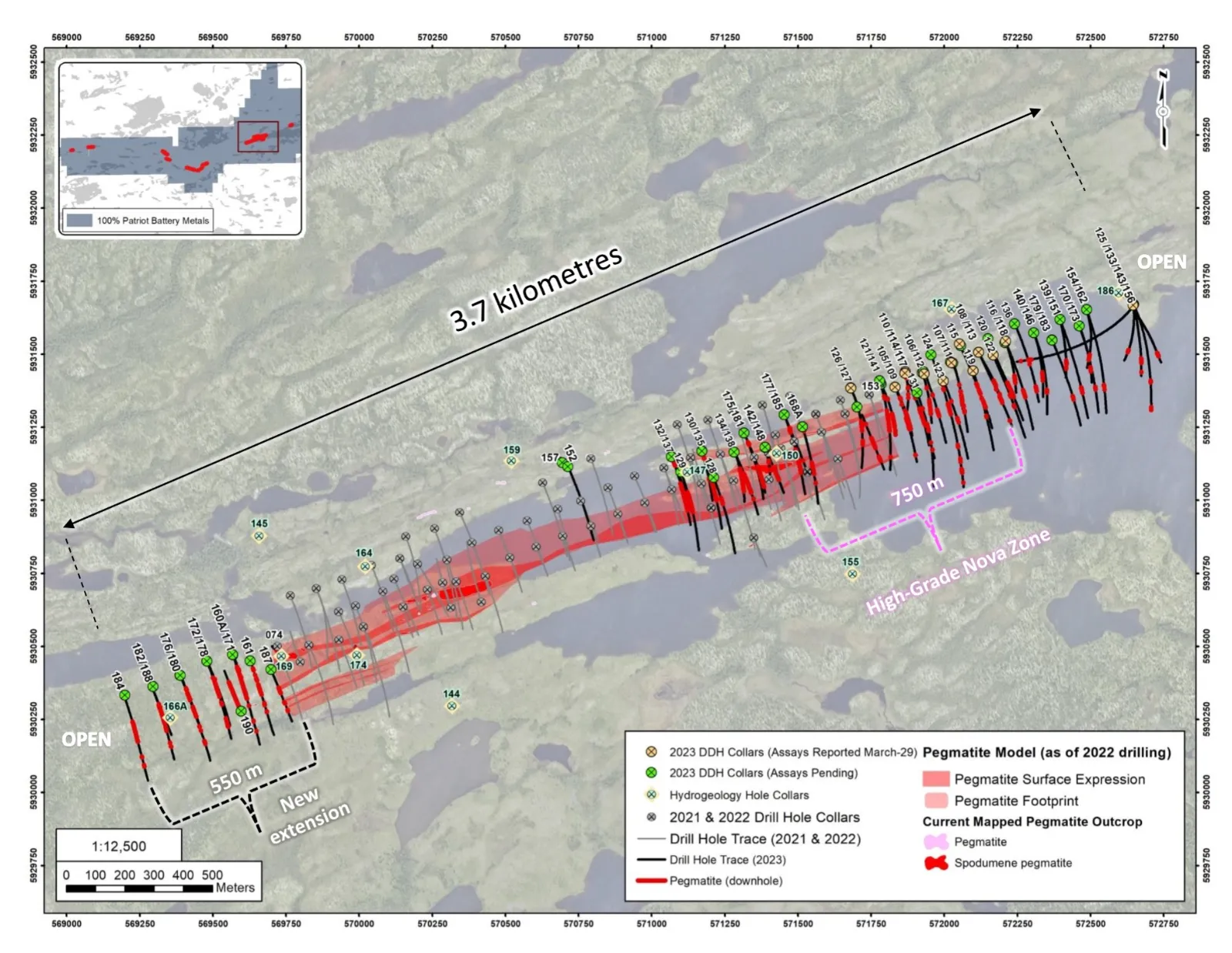 Map of the CV5 pegmatite drill collars along a 3.7 kilometre strike