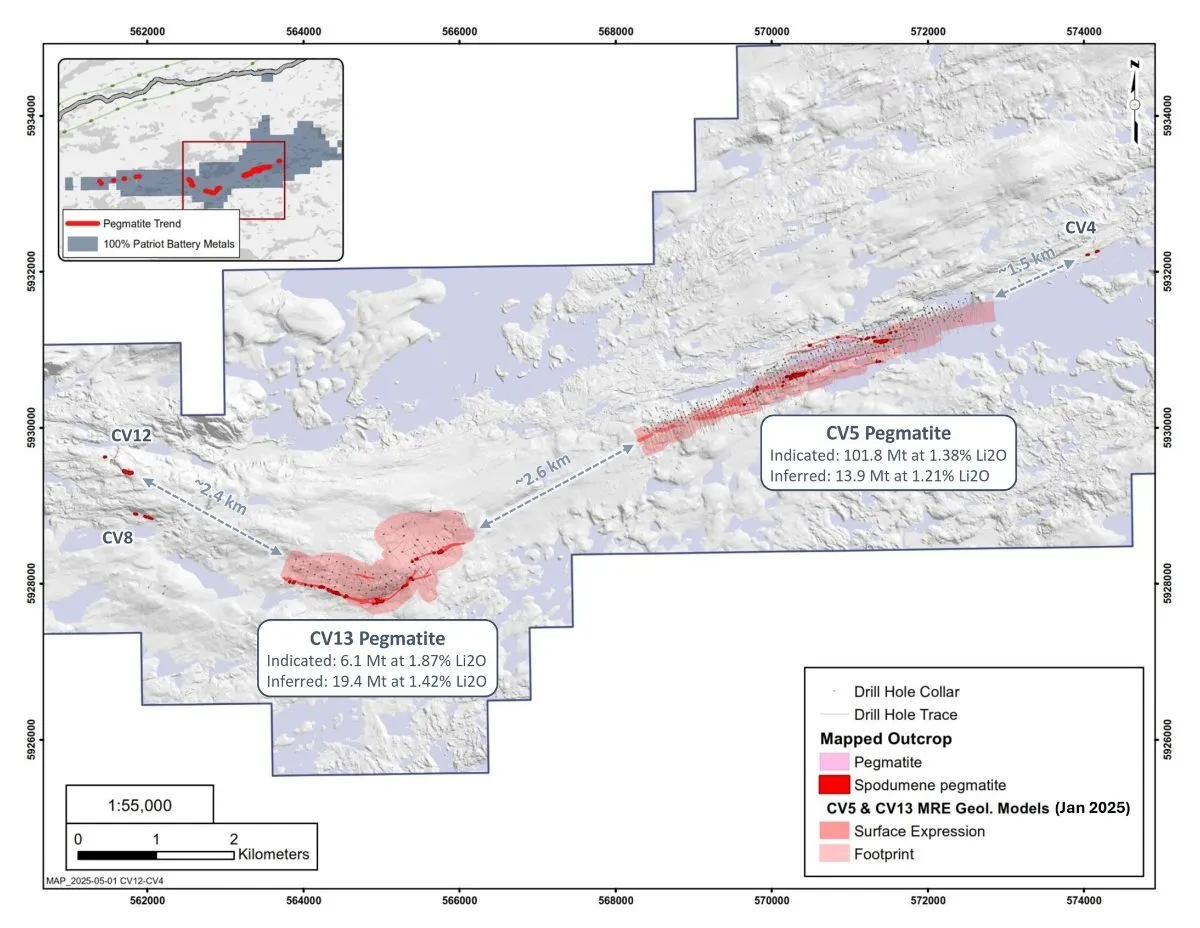 Geological map of the CV5 and CV13 pegmatites at Shaakichiuwaanaan