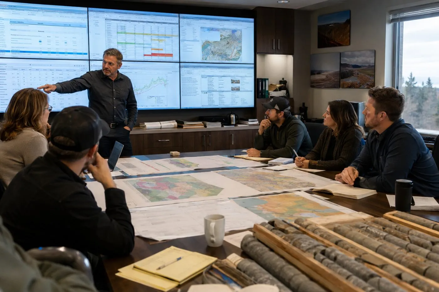 Team meeting around a table of maps and drill core, with project data on wall screens
