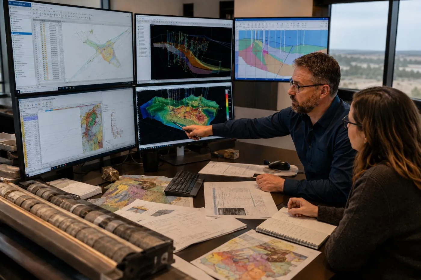 Two geologists reviewing a 3D resource model across several monitors