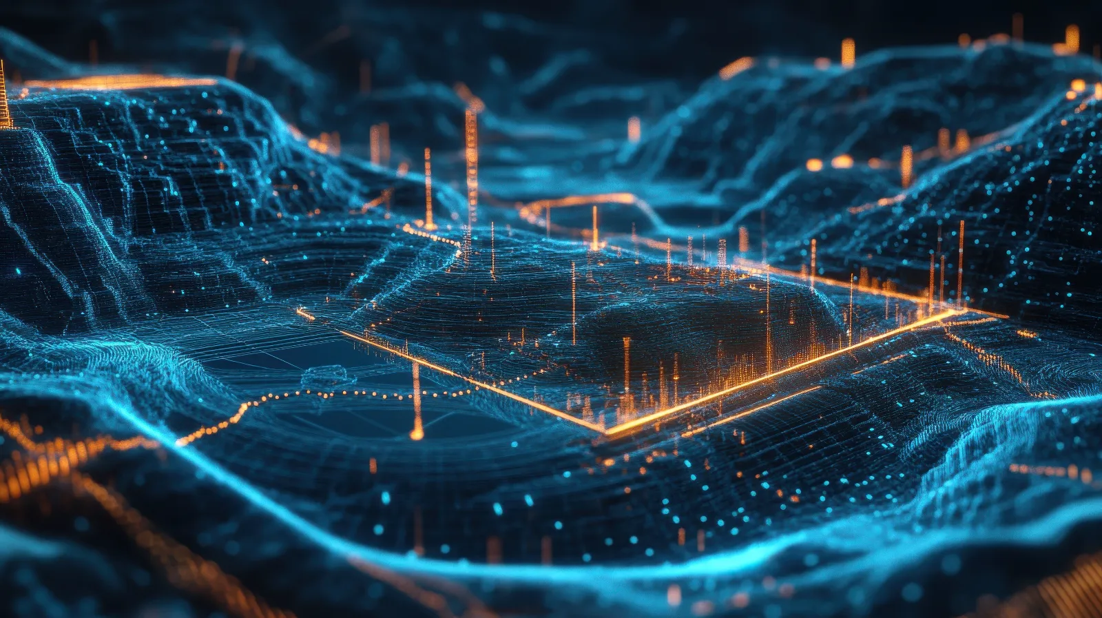 Abstract 3D terrain rendered as a glowing data mesh